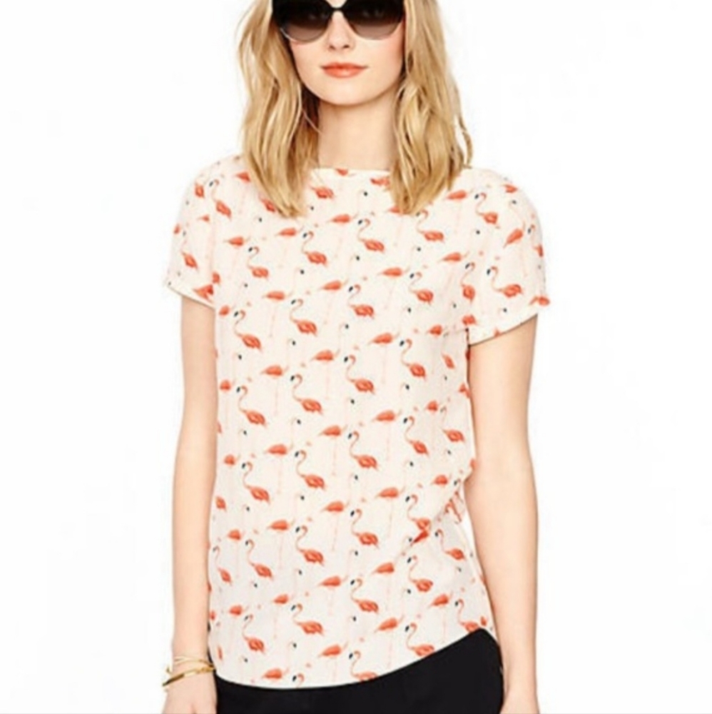 Kate Spade NY Flamingo Boatneck Top Silk Shirt Blouse Pink Ivory Women’s Size 0